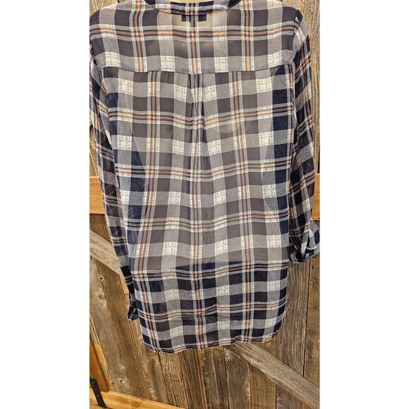 Joie Nura Plaid Silk Blouse Dark Navy Vintage Rose XS chiffon sheer long sleeve - Picture 3 of 8